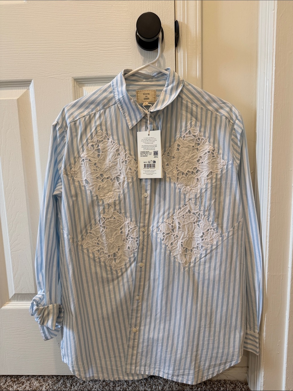 Sezane Light Blue and White Striped Button-Down Shirt with Lace Insets